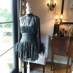 NWT Silver/Black Metallic Long Sleeve Dress with Feather Cuffs